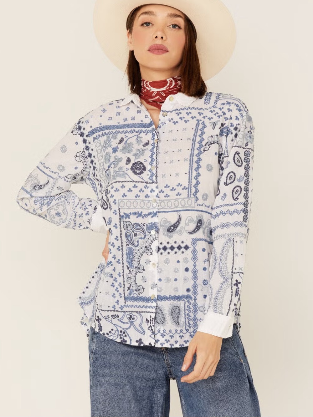 Johnny Was Workshop Vanya Schiffu Oversized Shirt, Embroidered Bandana Patchwork